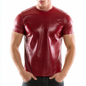 T-shirt matelassé en cuir véritable pour homme, col rond, manches courtes, couleur unie - Style urbain, écologique, respirant et anti-UV - Product Image 2