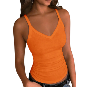 Camiseta sin mangas Modu para mujer, con cuello en V, acanalada, ajustada, elástica, fruncida, informal, básica, suave, transpirable, para uso diario - Product Image 1