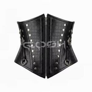 Corsé de cuero negro con estampado de cocodrilo, con varillas de acero, estilo gótico, para debajo del busto, con herrajes plateados. - Product Image 1