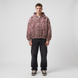 Sudadera con capucha y cremallera con estampado de grafiti rosa para hombre, estilo oversize, estilo streetwear - Product Image 1