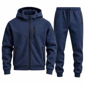 Men <b>Navy</b> <b>Blue</b> Hooded Tracksuit Full Sleeve Solid Color Casual Breathable Polyester Jogger Set Acid Wash Tech <b>Fleece</b> Custom Logo - Product Image 2