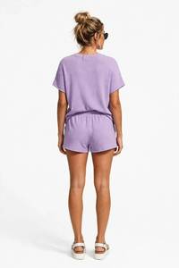 Women's Lavender Ribbed <b>2</b> <b>Piece</b> <b>Set</b> Short Sleeve O Neck <b>Top</b> <b>and</b> Lace Up Shorts - Product Image 2