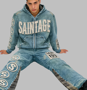 Men's Full <b>Zip</b> <b>Hooded</b> Tracksuit Cotton Streetwear Autumn Loose Fit Side Pockets Letter Print Stonewashed Design - Product Image 6