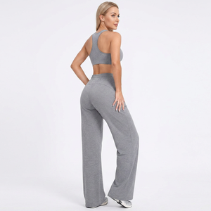 Pantalones de Mujer de Cintura Alta y Pierna Ancha, Color Sólido, Tejido de Algodón y Spandex, con Cordón Ajustable, Corte Holgado, Largos, Color Gris, Bangladesh - Product Image 4