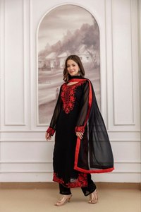 <b>Black</b> Red Embroidered Kurti <b>Pant</b> Dupatta Set <b>Women</b> Traditional Ethnic Wear Floor Length Loose Fit Party Outfit India Pakistan - Product Image 3