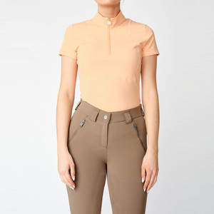 Women's <b>Peach</b> Knitted Short Sleeve High Neck Zipper Top Breathable Spandex Polyester Solid Color Horse Riding Wear - Product Image 2