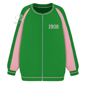 Alpha |   Kapa |   Cardigan zippé intégral pour femme Alpha Sorority, couleur vert-rose, manches longues, tricot doux, style universitaire grec - Product Image 1