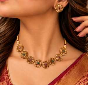 Antique Gold Plated Brass Trendy Flower Necklace and Earring <b>Set</b> for <b>Women</b> <b>Gift</b> Ethnic Jewelry - Product Image 3