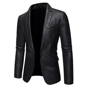 Men Black Leather <b>Blazer</b> Single Breasted Regular Fit Full Length Sleeve - Product Image 3