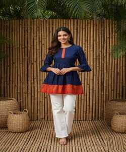 เสื้อคุर्ติผ้าฝ้ายทันสมัยสีพื้นเรียบ ใส่ได้ทุกวัน แห้งเร็ว มีสินค้าพร้อมส่ง ราคาขายส่ง เสื้อผ้าชาติพันธุ์ สีน้ำเงิน - Product Image 2