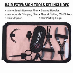 Kit professionnel d'outils pour extensions capillaires en acier inoxydable : pinces à micro-perles, aiguilles à coudre, séparateur de mèches Velcro - Product Image 2