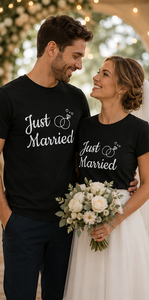 Just Married Couple T-Shirt Black Cotton Crew Neck Short Sleeve Printed Wedding Tee Unisex Regular Fit Casual Jersey Fabric - Product Image 4