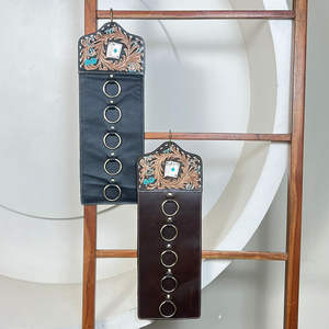 Porte-écharpe en cuir artisanal 2026 avec motif floral turquoise, en cuir de vachette, avec anneau métallique, pour fixation murale - Product Image 4