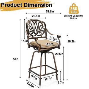 Juego de 2 Sillas de Bar Giratorias de Diseño Moderno para Exteriores, Sillas de Comedor de Aluminio Fundido Resistentes a la Intemperie, Sillas Giratorias de Altura de Bar - Product Image 3