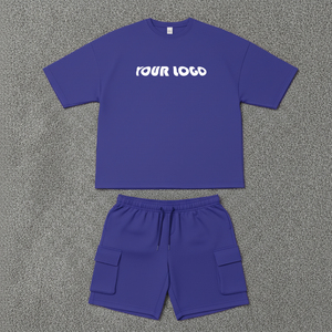 Custom Unisex Purple Cotton <b>T</b>-Shirt Set With Drawstring Shorts Simple Solid Design Heat-Transfer Printing Casual Summer Wear - Product Image 1