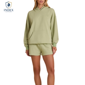 Conjunto de Sudadera con Capucha Verde para Mujer de INDEX APPAREL, Manga Larga, Felpa, Corte Holgado Informal, Color Sólido, para Primavera/Verano - Product Image 1