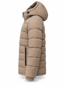 Men's Beige Hooded Puffer Jacket <b>Waterproof</b> Windproof Casual Zipper Front Logo Polyester Wadding Regular Length <b>Winter</b> <b>Coat</b> - Product Image 4