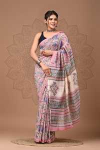 Sari en soie Chanderi pure imprimé à la main avec pièce de blouse – Sari élégant en soie Chanderi pure – Vêtement ethnique imprimé à la main - Product Image 3