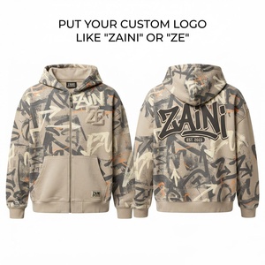 Sweat à capuche zippé en mélange de coton brossé de qualité supérieure, 350 grammes, pour homme, hiver, beige, gris, imprimé camouflage, avec appliqué personnalisé brodé sur le devant - Product Image 1