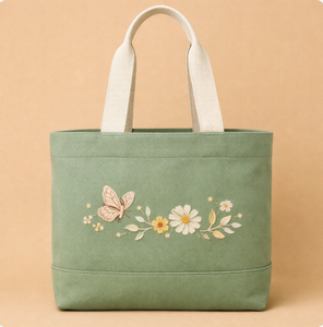 Bolsa de compras promocional de lona de algodón calicó orgánico con logotipo personalizado, asa superior y diseño floral bordado. - Product Image 1