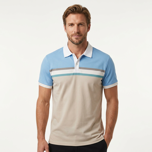Men's Short Sleeve Color <b>Polo</b> <b>Shirt</b> Knitted Striped Casual Design Regular Fit Light <b>Blue</b> Beige White - Product Image 3