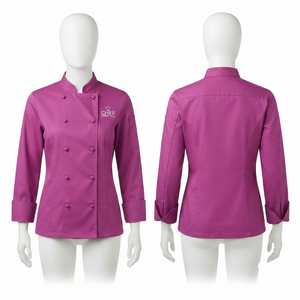 Veste de chef pour femme, 240 GSM, coton polyester twill premium, panneau rose princesse, logo brodé personnalisé, uniforme de cuisine - Product Image 1