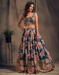Floral Print Bridesmaid <b>Lehenga</b> Set Sleeveless Scoop Neck Blouseh Dupatta Floor-Length A-Line Chiffon Wedding Party Dress - Product Image 4