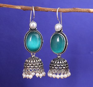 Factory Wholesale Oxidized Silver Green <b>Cat</b> Eye Stone Jhumka <b>Earrings</b> Handmade Ethnic Boho Pearl Drop <b>Earrings</b> for Women - Product Image 4