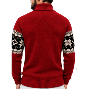 Pull pour homme rouge style Fair Isle nordique, col zippé, jacquard flocon de neige, col montant, poignets et ourlet côtelés, décontracté automne, vente en gros - Product Image 2