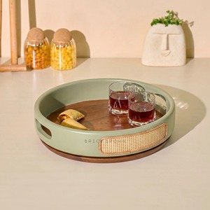 Round Wooden Serving Plate with Cutout Handles Polished Dark Wood <b>Tray</b> Decorative <b>Circle</b> Round Platter Perfect For Restaurant - Product Image 2