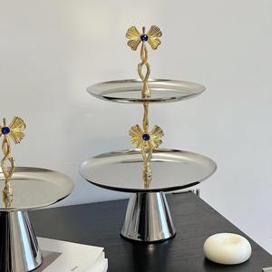 Plateau de service en métal de luxe à 2 niveaux, support à gâteau élégant en argent et or, plateau à dessert pour fête de thé, mariage, décoration de la maison - Product Image 5