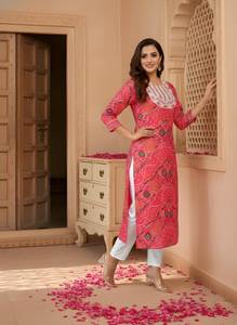 Conjunto de Kurta y Pantalón Recto de Algodón Rosa Estampado, Cuello Redondo, Largo hasta la Pantorrilla, Traje Étnico de Uso Diario para Mujer, Tallas M, L, XL, XXL - Product Image 5