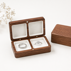 Luxury Custom Walnut Wood Double <b>Ring</b> <b>Box</b> with Soft Velvet Interior for Wedding, Engagement and Jewelry Packaging - Product Image 5