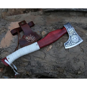 Hacha de Estilo Vikingo con Mango de Madera Roja y Envoltura de Cuero Blanco, Hoja de Acero Inoxidable, Herramienta Resistente para Bushcraft al Aire Libre - Product Image 2