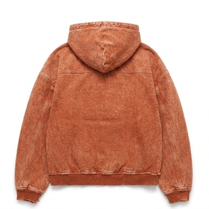เสื้อฮู้ดซิปผู้ชายสีส้มไหม้ฟอก ผ้าฝ้ายฟลีซ แต่งดีเทลขาดๆ ทรงโอเวอร์ไซส์ สไตล์สตรีทแวร์ มีกระเป๋าจิงโจ้ - Product Image 2