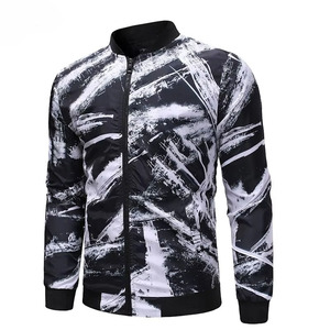 Men's Slim Fit Bomber <b>Jacket</b> Black White Hand Painted Print Zipper Closure Casual Spring Outerwear Polyester Material - Product Image 6