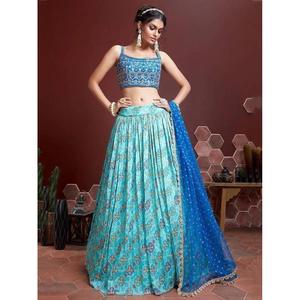 Elegante Azul Cielo Fancy Impreso Chinon Seda Lehenga Choli Con Dupatta - Product Image 5