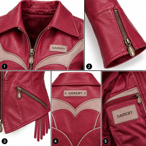 Women Real Leather <b>Jacket</b> Magenta Berry Beige Wing Panel Flare Sleeve Asymmetric Hem <b>Fringe</b> Custom Vendor Offer Services - Product Image 6
