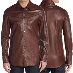Men's Solid Brown PU Leather Long Sleeve Casual <b>Shirt</b> Turn-down Collar Full Length Autumn Wear - Product Image 5