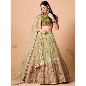 Stunning Pista <b>Green</b> Embroidered <b>Net</b> Plus Size Bridesmaid Lehenga Choli - Product Image 3