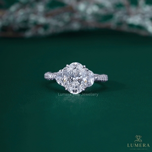 Oval Cut Lab Grown Diamond Three Stone Engagement <b>Ring</b> 14K 18K White Gold Half <b>Moon</b> Side Stone Multi Row Pave Band Bridal <b>Ring</b> - Product Image 1