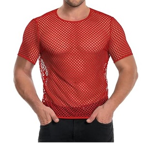 T-shirts en maille filet transparente, couleur rouge unie, à manches courtes et col rond, coupe ajustée, respirants, pour le sport, à vendre - Product Image 1