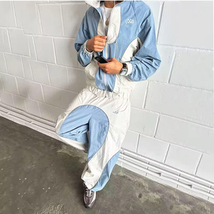Plus Size Men's Lightweight Streetwear Color Blocked Tracksuit <b>Set</b> Casual Spring Hooded Jacket Pants White Blue <b>Knitted</b> 100% - Product Image 1