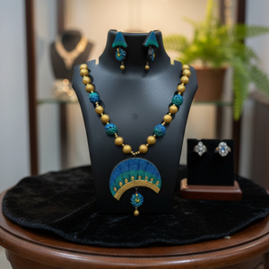 Conjunto de Collar y Pendientes de Piedra Natural Ecológica Chapada en Oro, con Cuentas de Arte Folclórico, Joyería Textil Azul Verde para Mujer, Ideal para Fiestas - Product Image 2