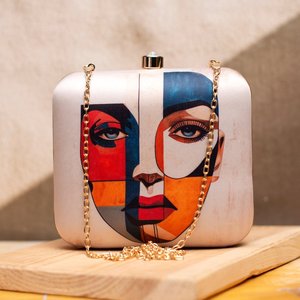 Abstract Face Print Clutch Metal <b>Frame</b> Hard Case with Satin Digital Fabric Raw Silk Interior and Crystal Stone Lock 7 - Product Image 1