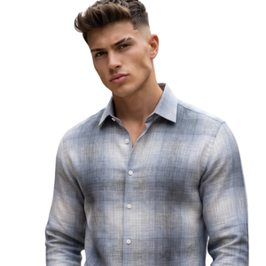 Chemise en flanelle à carreaux gris bleu clair pour homme, manches longues, boutonnée, décontractée, tissu brossé doux, streetwear d'extérieur - Product Image 3
