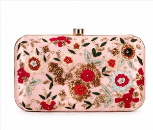 Elegant Pink Embroidered Floral Clutch With <b>Sequins</b> Women's Satin Party <b>Handbag</b> Lock Closure - Product Image 2