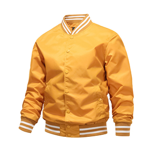Blouson bomber noir en satin pour homme, coupe baseball, simple boutonnage, col et poignets rayés, coupe-vent - Product Image 4