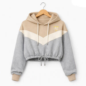 Sudadera con Capucha Corta para Mujer, Diseño Color Block, con Logotipo Bordado en la Parte Delantera, Manga Regular, Estilo Casual para Otoño, Gris Beige, Tejido de Punto - Product Image 1
