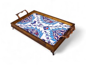 Handmade Moroccan Style Wooden Serving Tray With Enamels Tile Decoration Blue And White Floral Pattern Decorative Platter Sale - Product Image 1